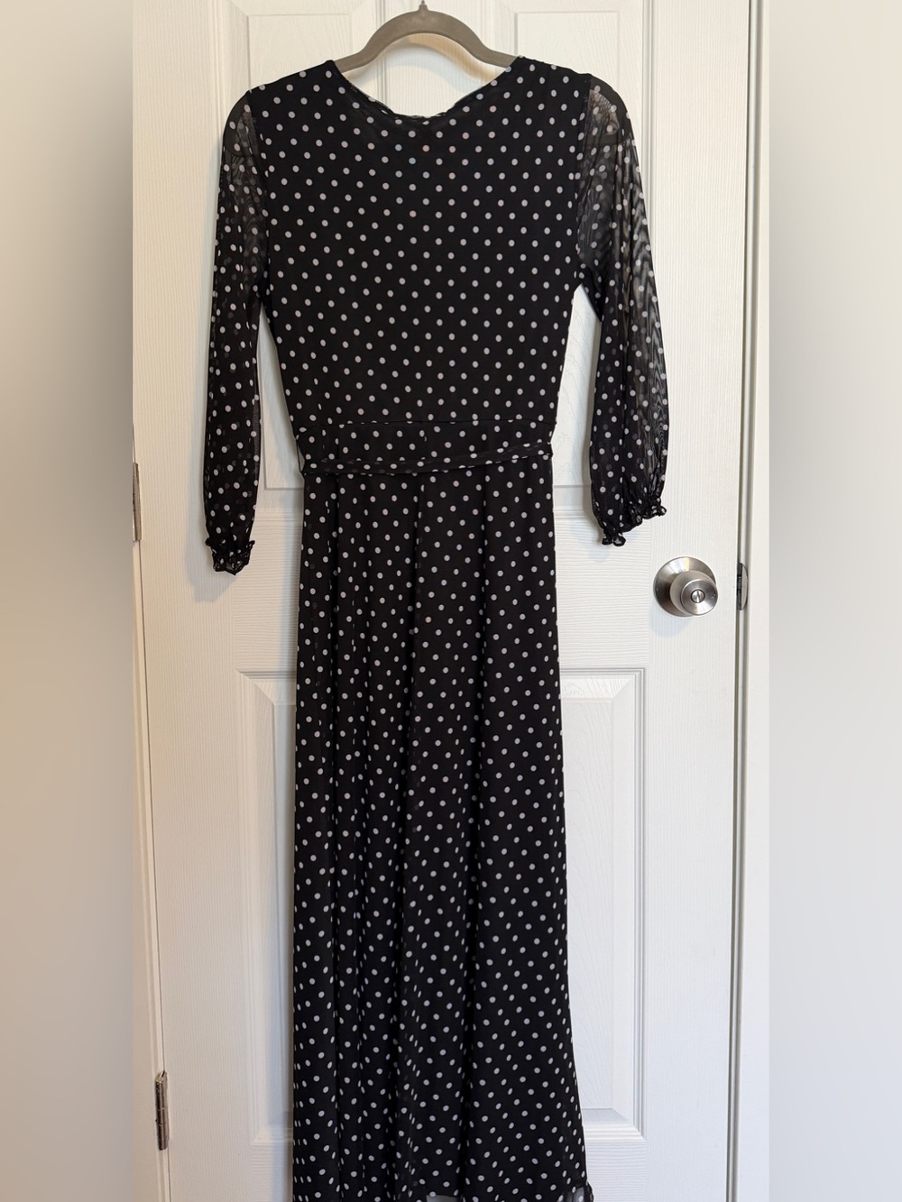 Harlow & Rose Black White Polka Dot Midi Dress Tie Waist Sheer Sleeve Size Small - Picture 8 of 8